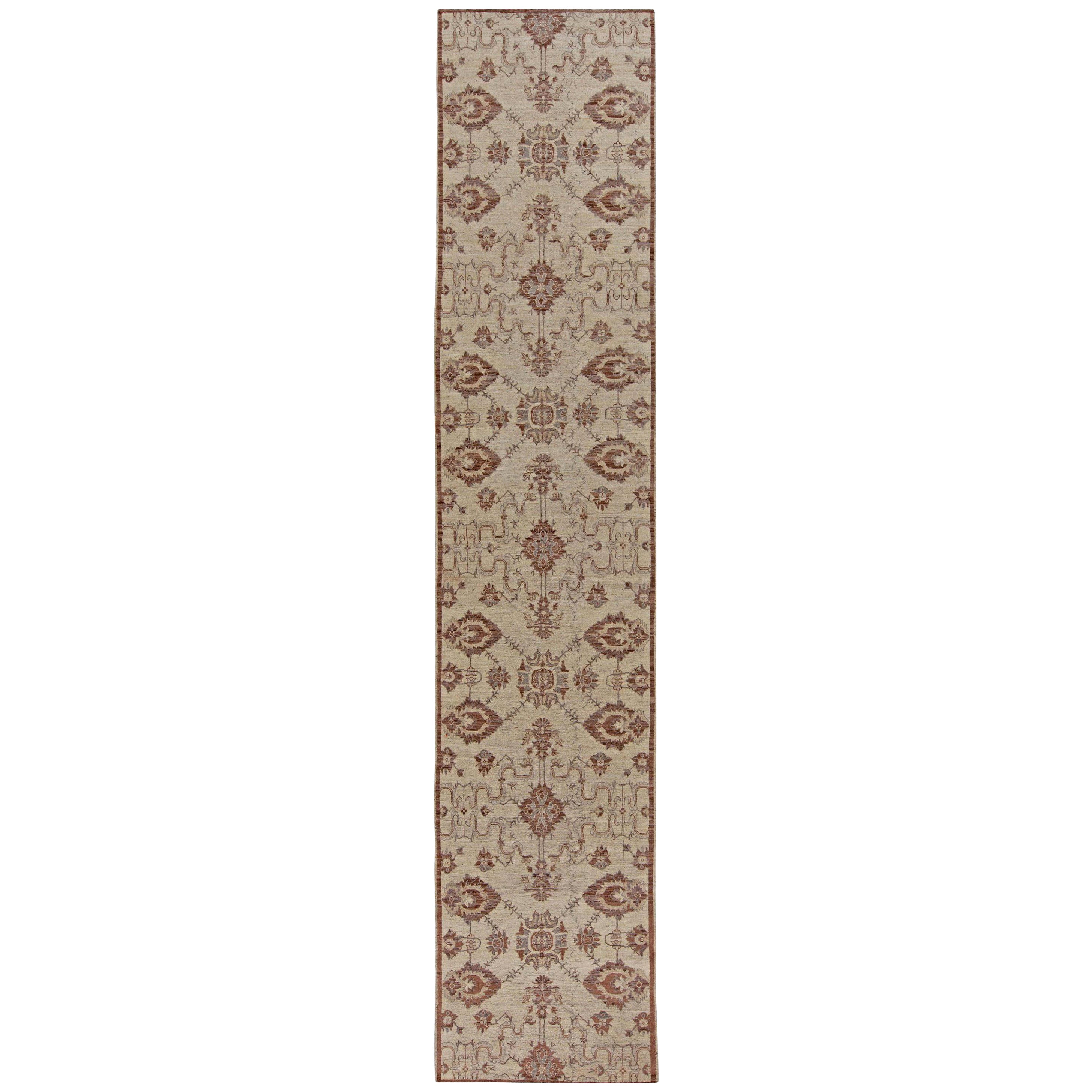 Traditionell inspirierter botanischer handgefertigter Woll-Läufer von Doris Leslie Blau im Angebot