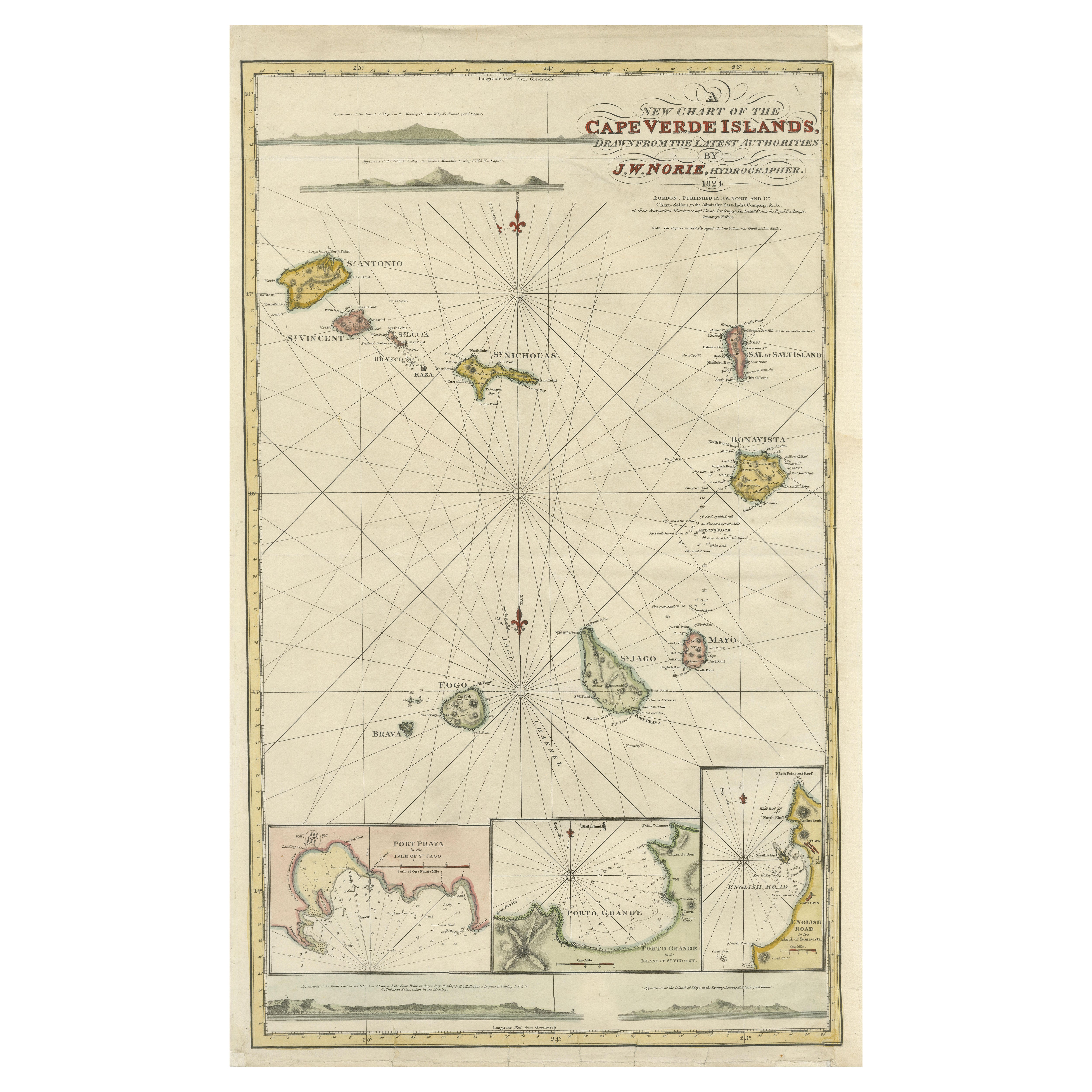 Carta Náutica de las Islas de Cabo Verde por J.W. Norie, Mapa costero de 1824 en venta