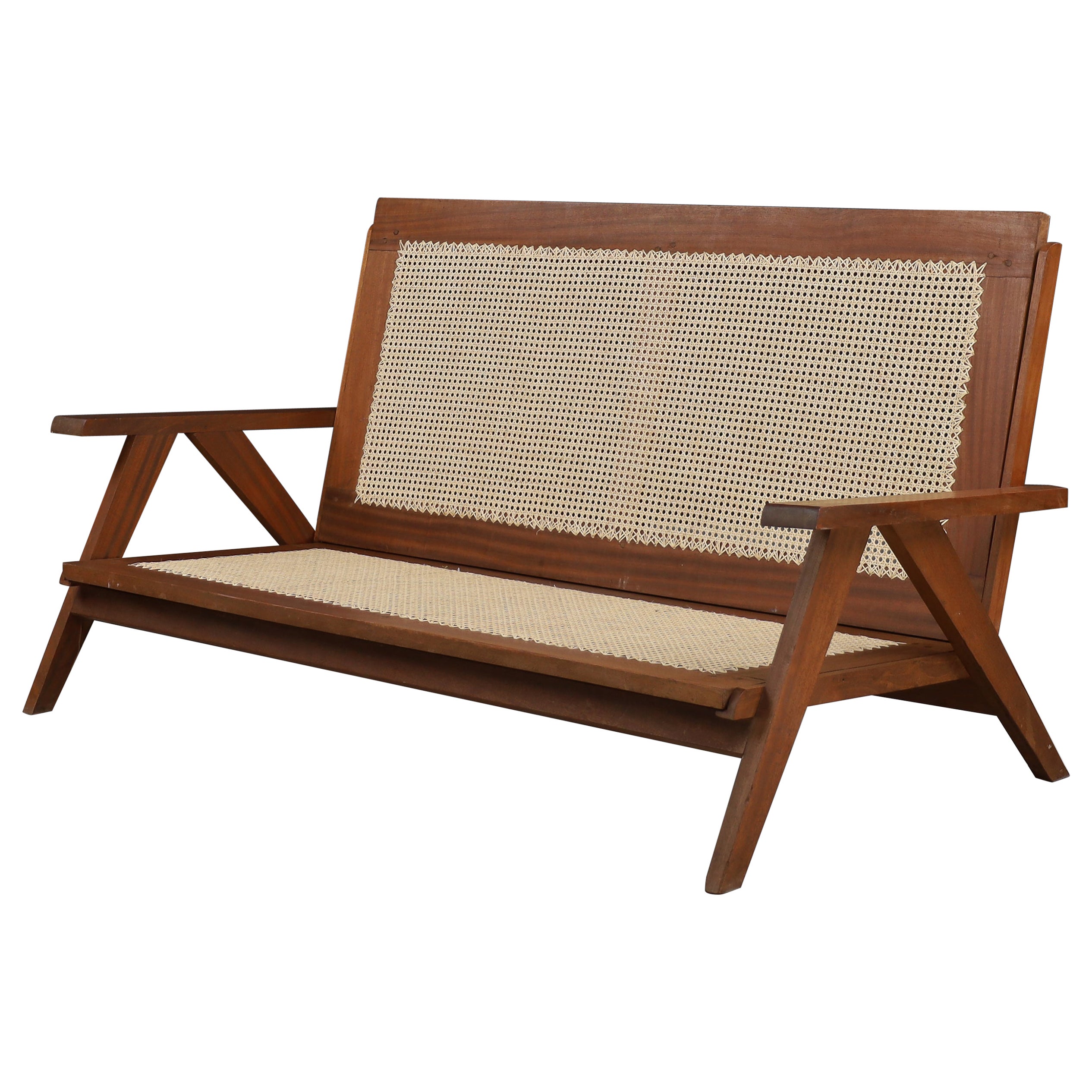 Raro divano francese in teak e canne degli anni '50 - metà secolo moderno in vendita
