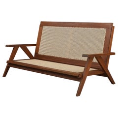 Rare 1950s French Teak and Cane Sofa – Mid-Century Modern