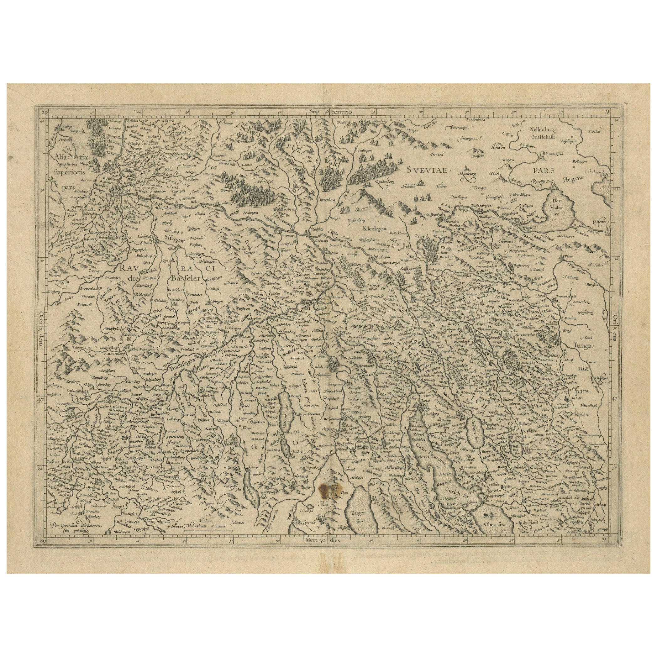 Map of Zurich and Basel Region by Mercator, Uncolored Engraving c.1600 im Angebot
