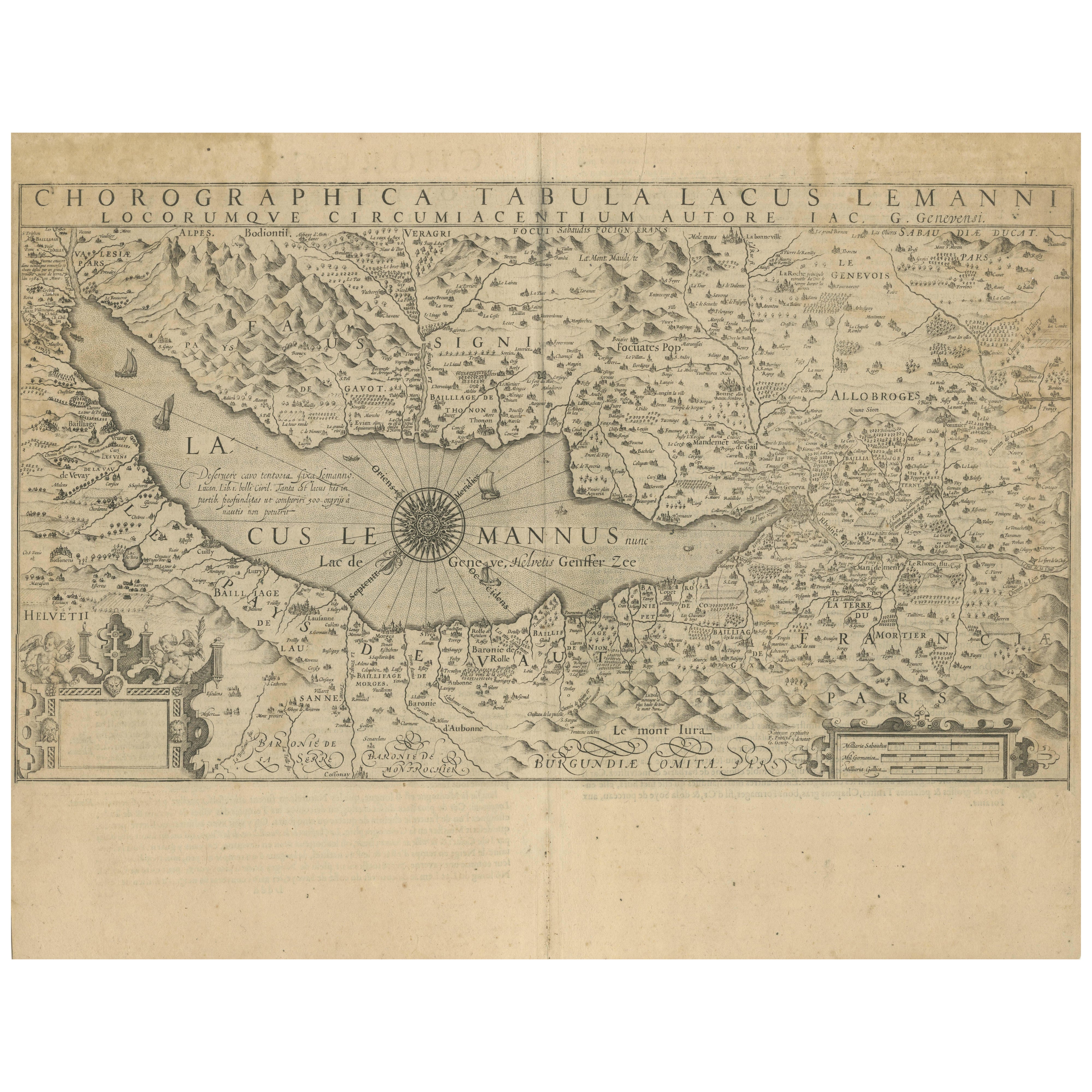 Map of Lake Geneva and Surroundings by Hondius, Geneva Region, circa 1612