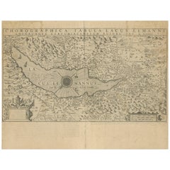 Map of Lake Geneva and Surroundings by Hondius, Geneva Region, circa 1612