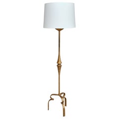 Sculptural French Modern Gilded Wrought Iron Three-Legged Floor Lamp, 1940s