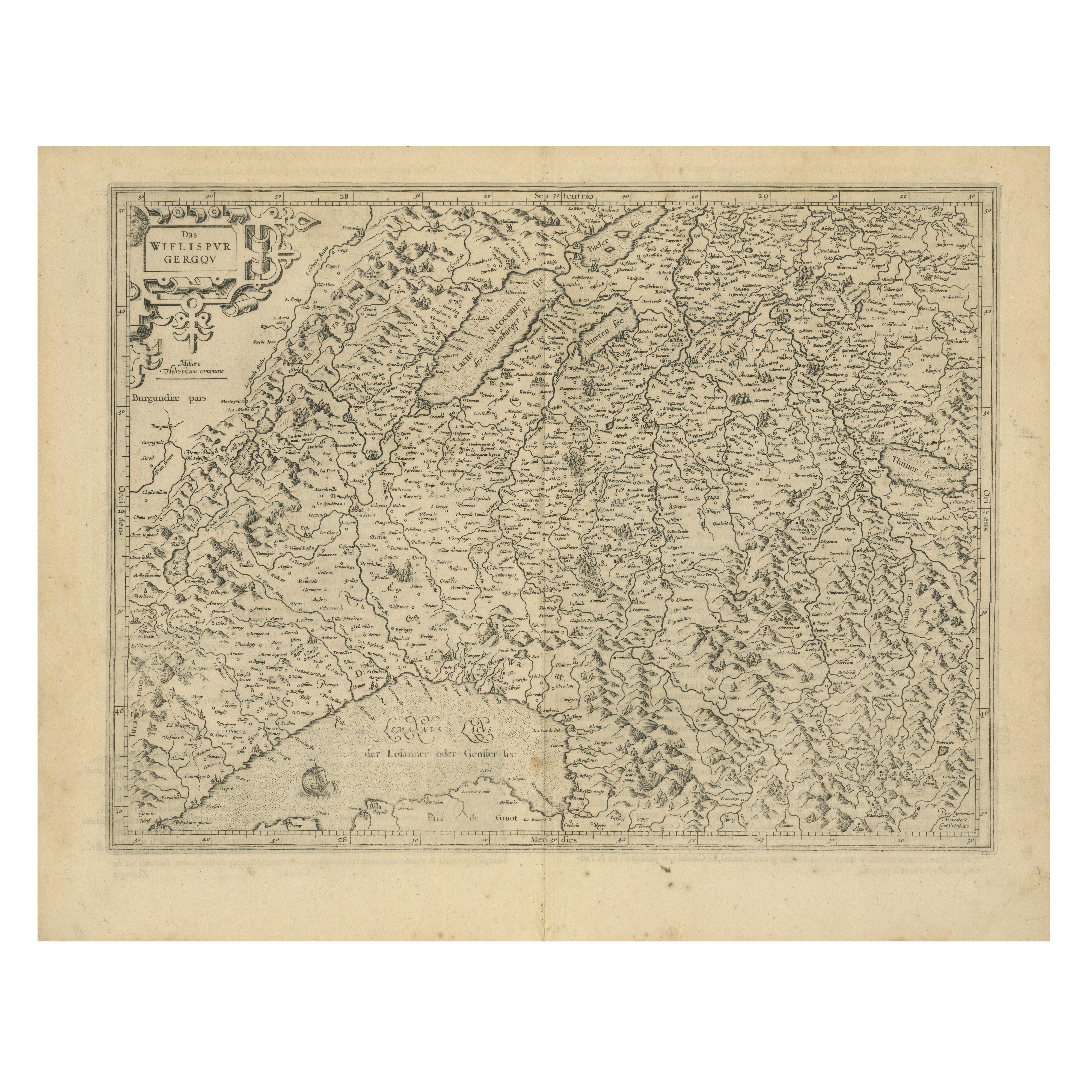 Map of Avenches Region Switzerland by Mercator, Original 1585 Engraving