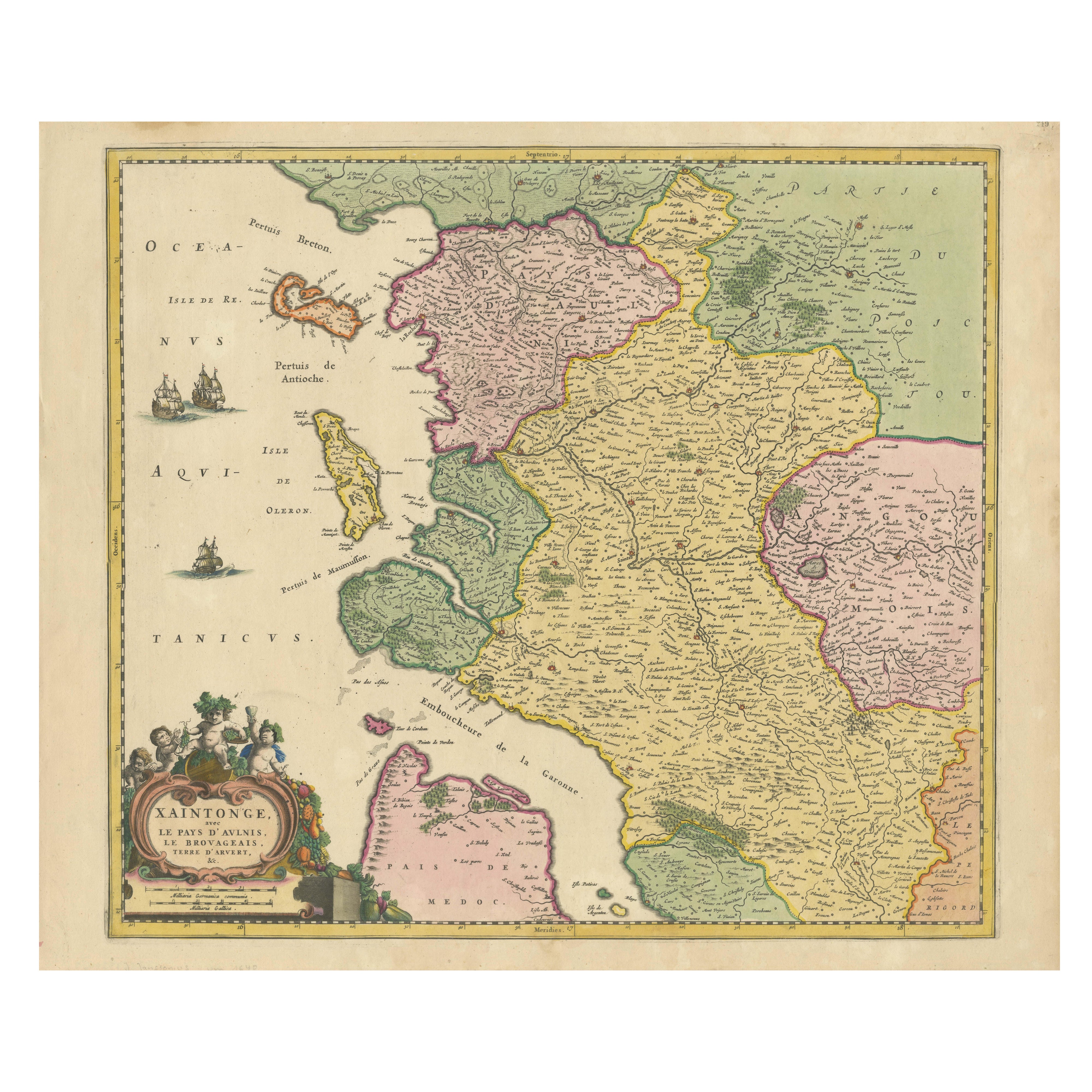 Karte von Saintonge und Aunis mit Cognac und Rochefort, Frankreich - 1665 Original im Angebot