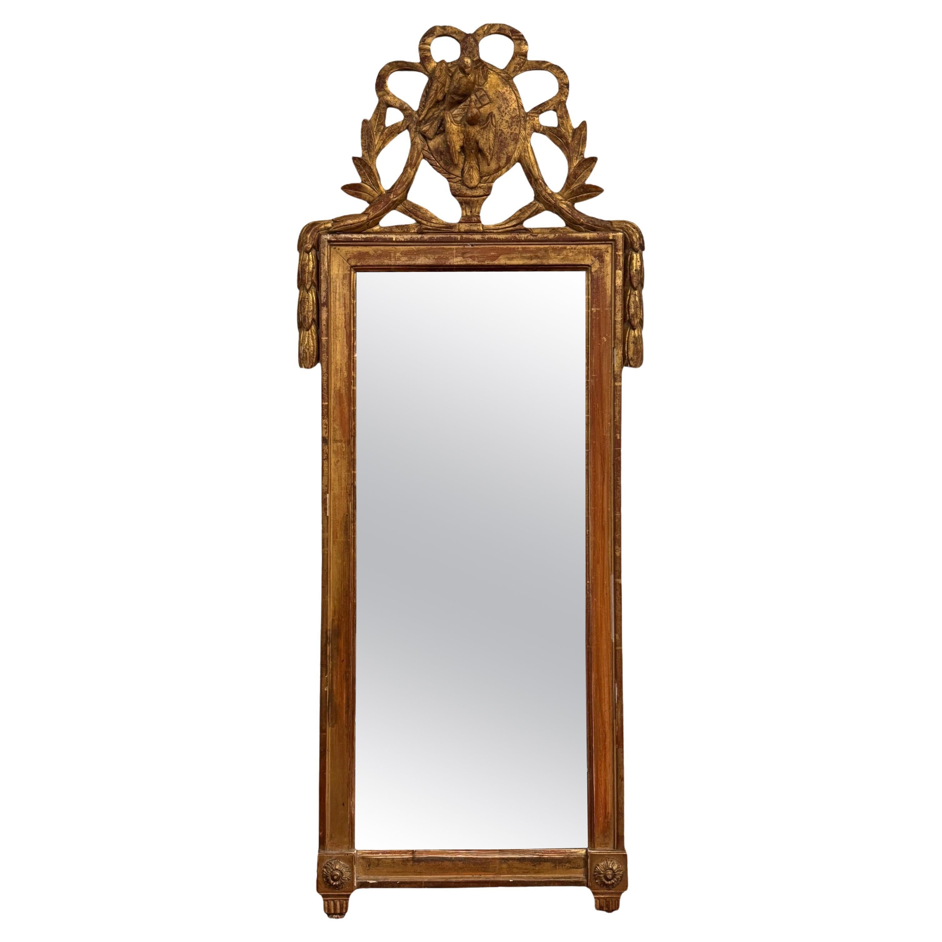 18th Century Giltwood Mirror With Carved Dove and Laurel Crest