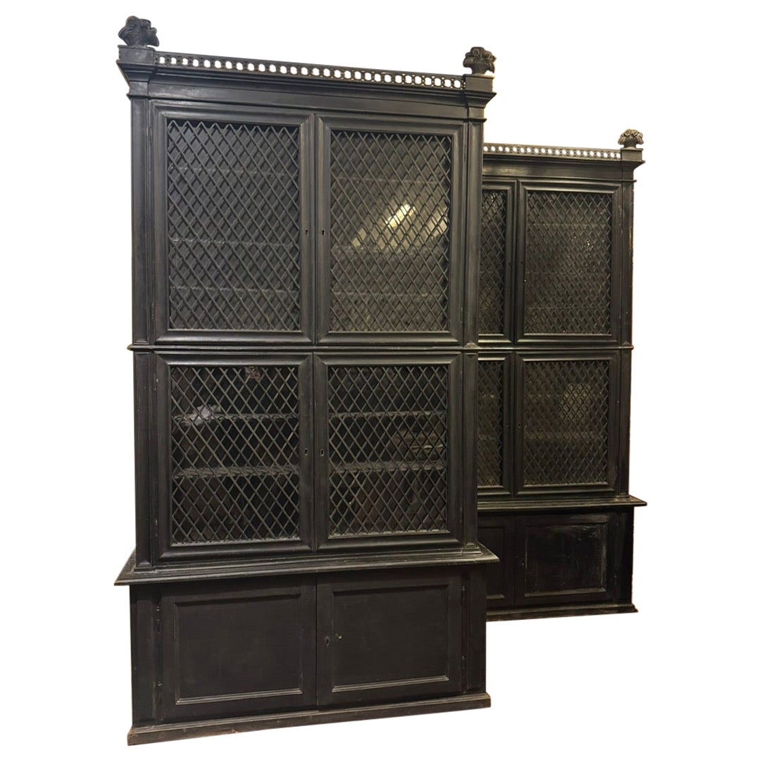 Pair of display cabinets in black lacquered wood with mesh glass, Italy For Sale