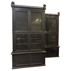 Pair of display cabinets in black lacquered wood with mesh glass, Italy