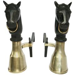 Vintage Pair of Brass and Iron Equestrian Andirons