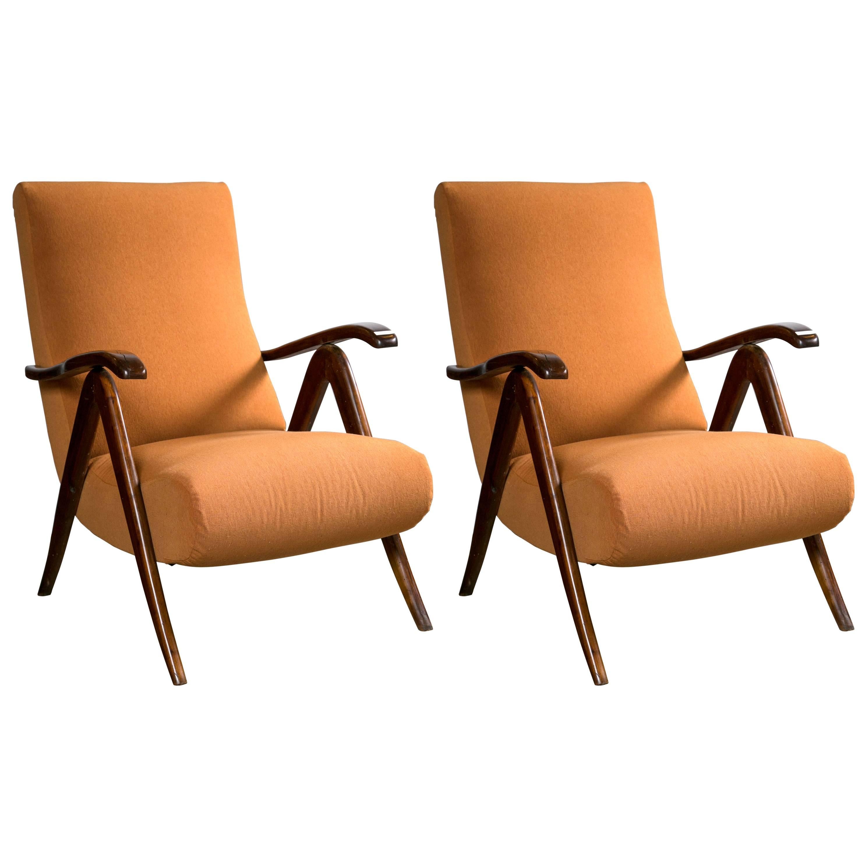 Pair of Italian Mid-Century Modern Reclining Lounge Chairs