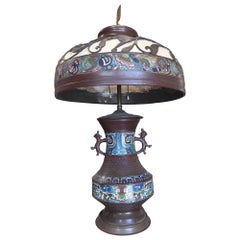 1910 Meiji Period Japanese Cloisonné Lamp with Wrought Iron and Enamel Shade