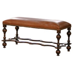 19th Century Spanish Baroque Carved Walnut Bench with New Leather Upholstery