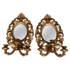 Antique Pair Of Gilded Carved Wood Mirrors/sconces, 19th Century