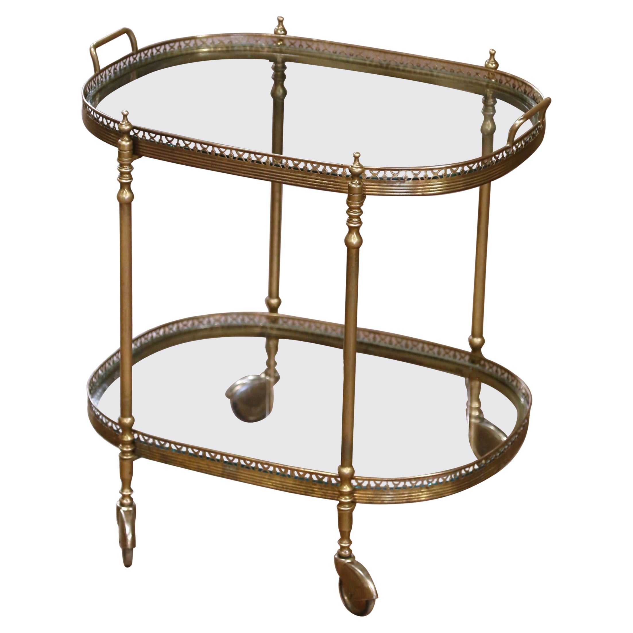 Mid-Century French Gilt Brass Oval Two-Tier Service Trolley Bar Cart on Castors For Sale