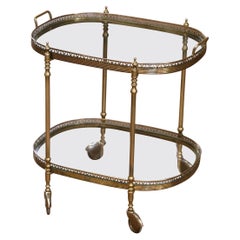 Mid-Century French Gilt Brass Oval Two-Tier Service Trolley Bar Cart on Castors