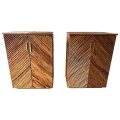 Mid-Century Modern Pair of Rattan Malacca Brass Cupboards Cabinets. Italy, 1980s