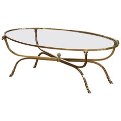 Mid-Century French Maison Jansen Gilt Bronze Oval Coffee Table with Glass Top