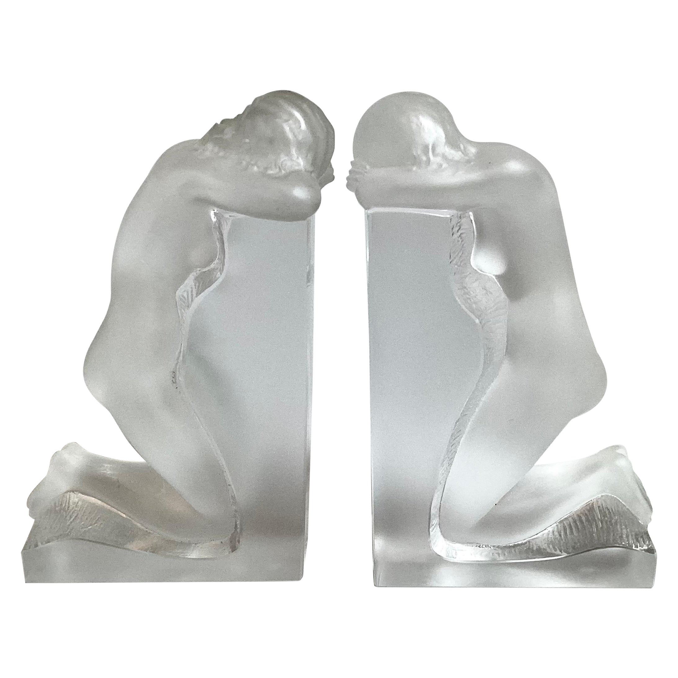 Ein Paar signierte Lalique Kristall Figural Nude Buchstützen, Art Deco 1930er Jahre