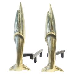 Pair of Solid Brass French Andirons in the Manner of Pierre Legrain  C. 1930s