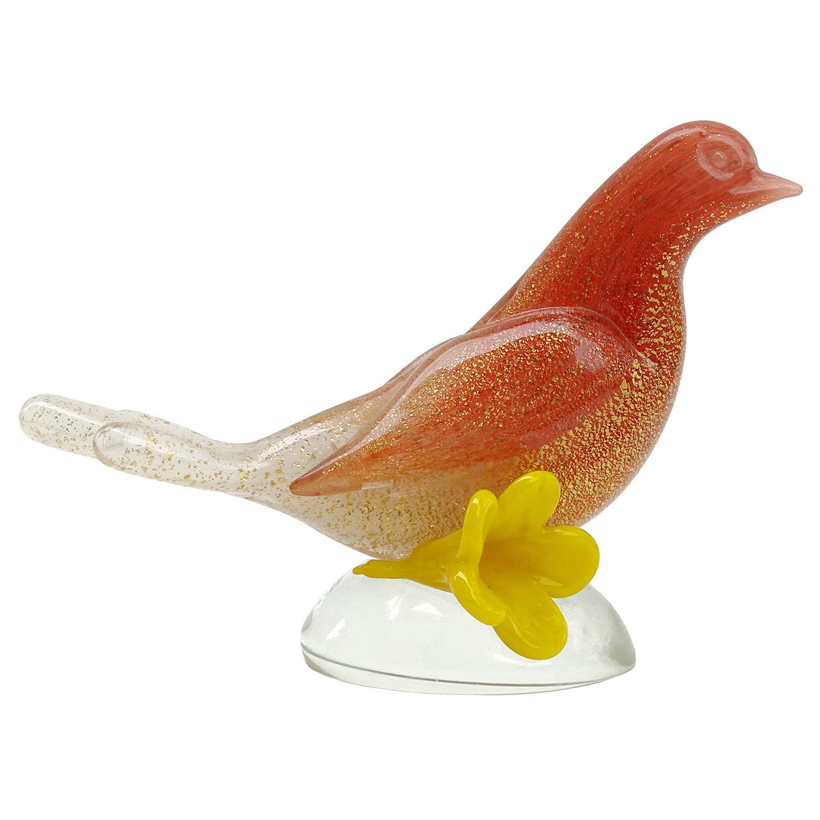 Murano Seguso Orange White Gold Italian Art Glass Bird with Flower Sculpture
