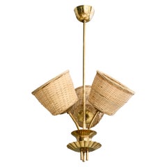 Precenta, Chandelier, Brass, Rattan, Finland, 1950s