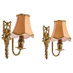 French Designer, Wall Lights, Brass, Fabric, France, 1950s