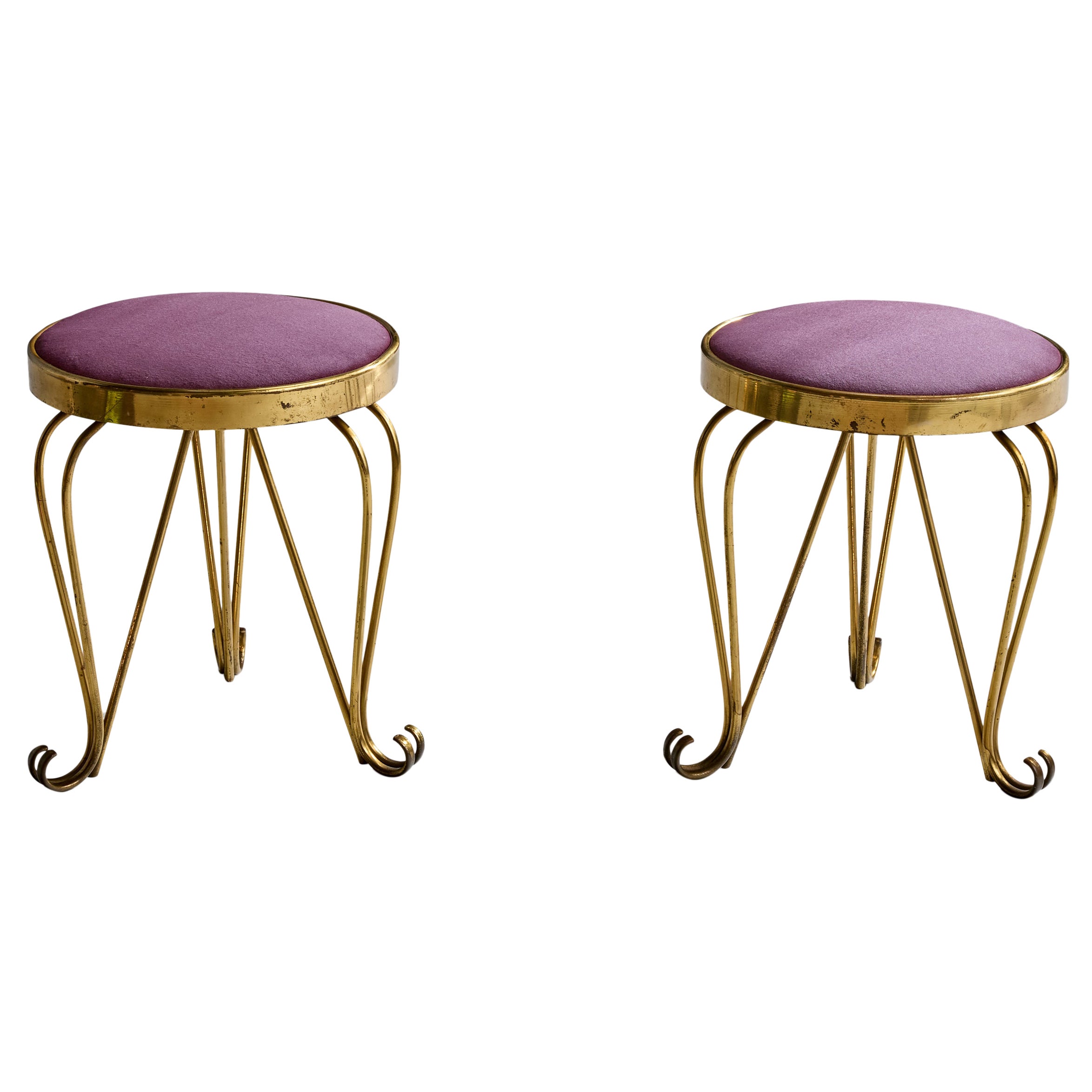 Italian Designer, Stools, Brass, Fabric, Italy, 1940s