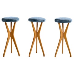 Brazilian Designer, Counter Stools, Wood, Velvet, Brazil, 1950s