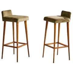 Brazilian Designer, Counter Stools, Wood, Velvet, Brazil, 1950s