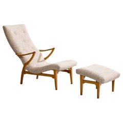 JIO-Möbler, Siesta Lounge Chair with Ottoman, Oak, Fabric, Sweden, 1960s