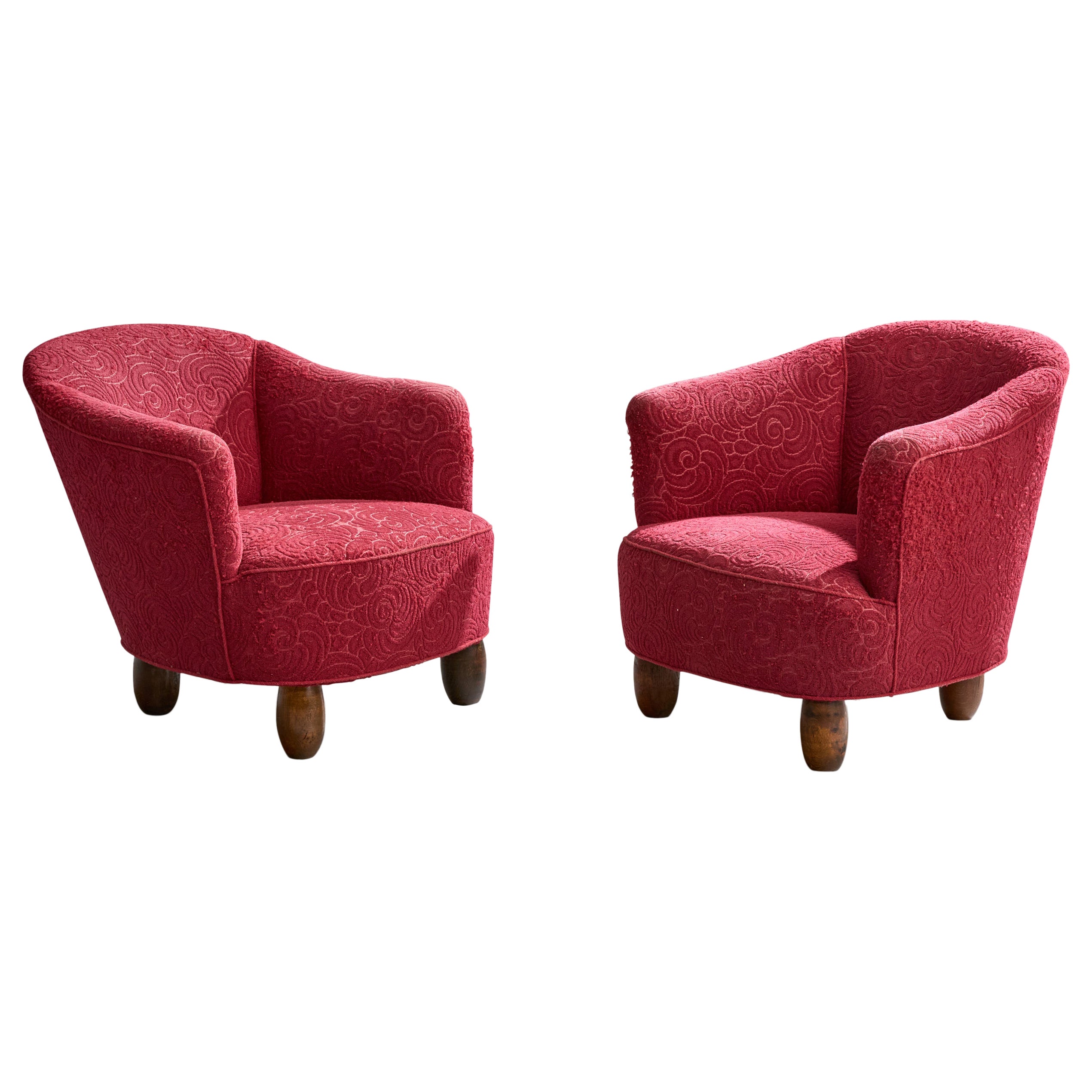 Danish Designer, Lounge Chairs, Wood, Fabric, Denmark, 1940s