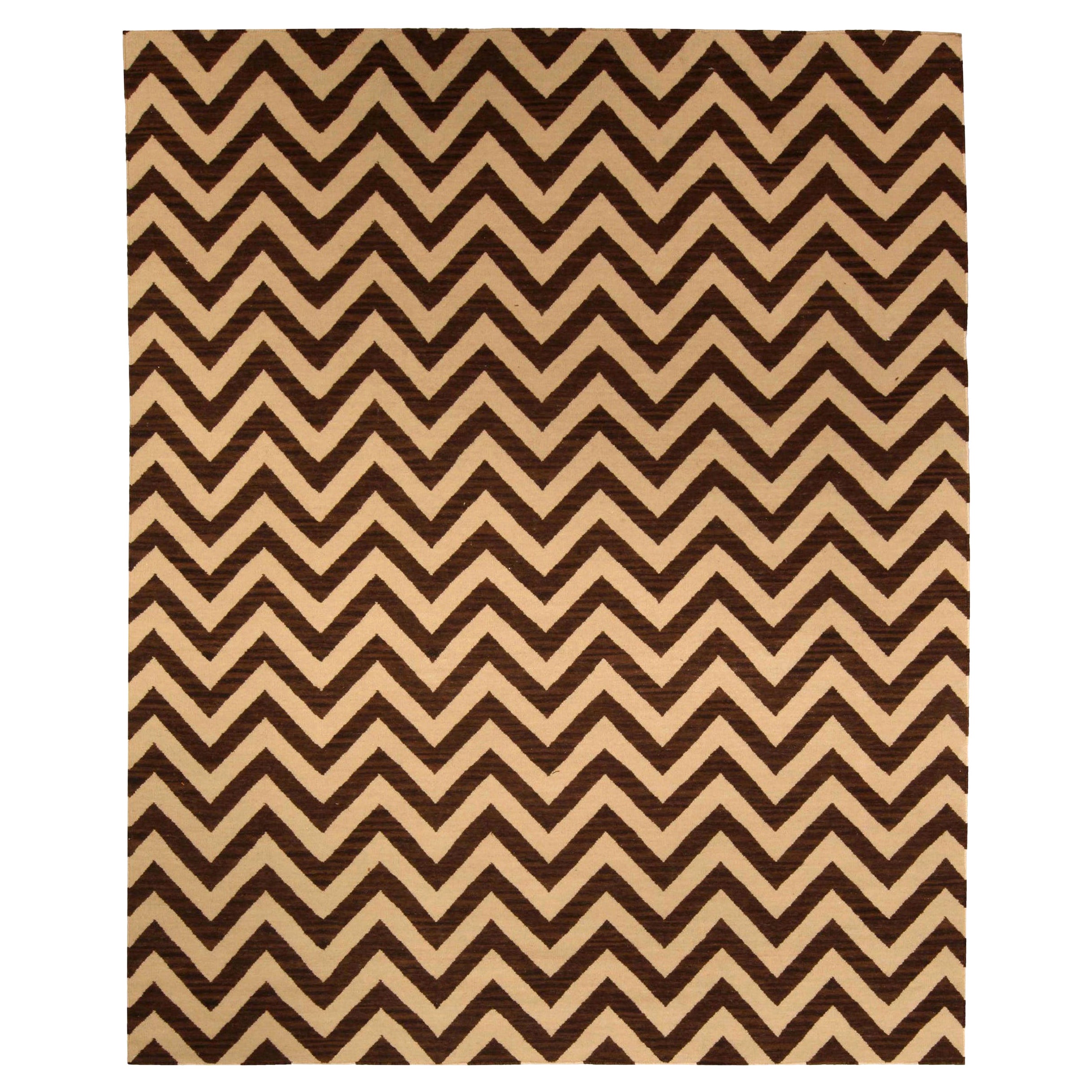 Modern Zig-Zag Design Handmade Wool Rug in Brown and Beige by Doris Leslie Blau