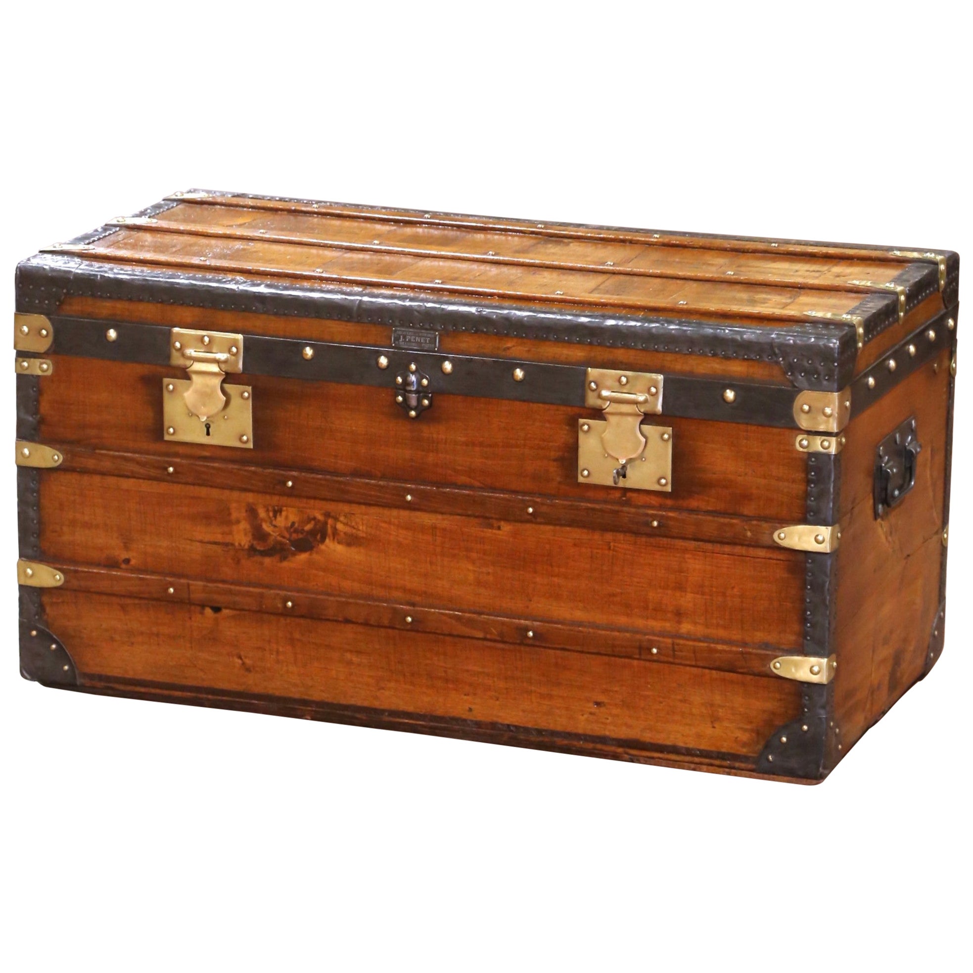 19th Century French Poplar, Leather and Metal Travel Trunk by J. Penet, Paris