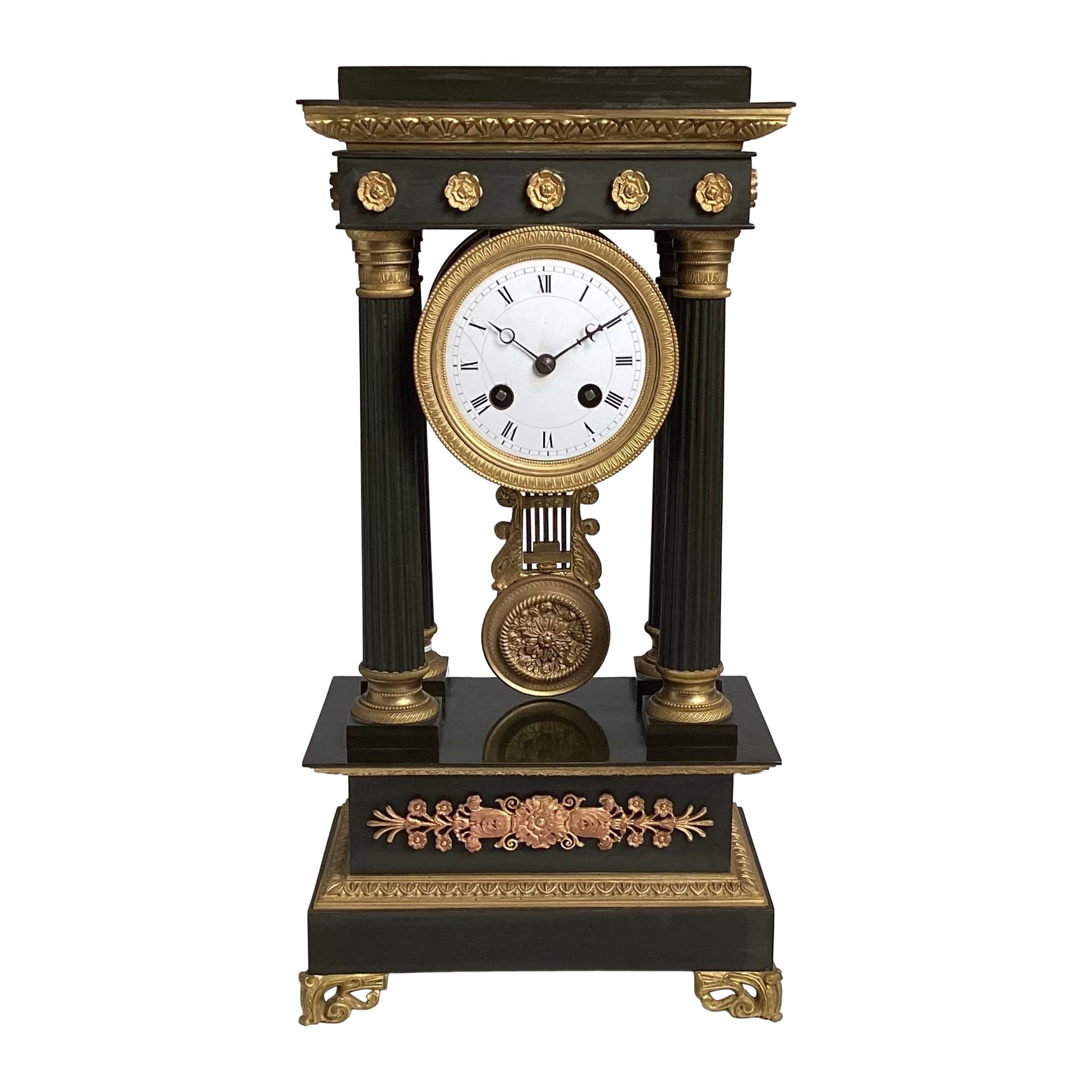 Elegant Patinated and Gilt Bronze Portico Clock Circa 1875 For Sale