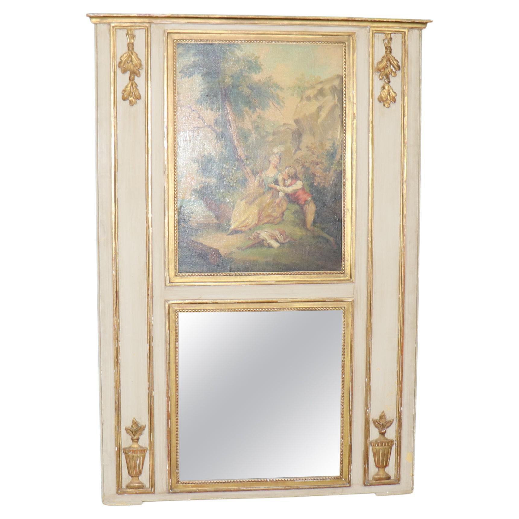 Fantastic 1900s era French Trumeau Mirror with Courtship Painting Oil on Board For Sale