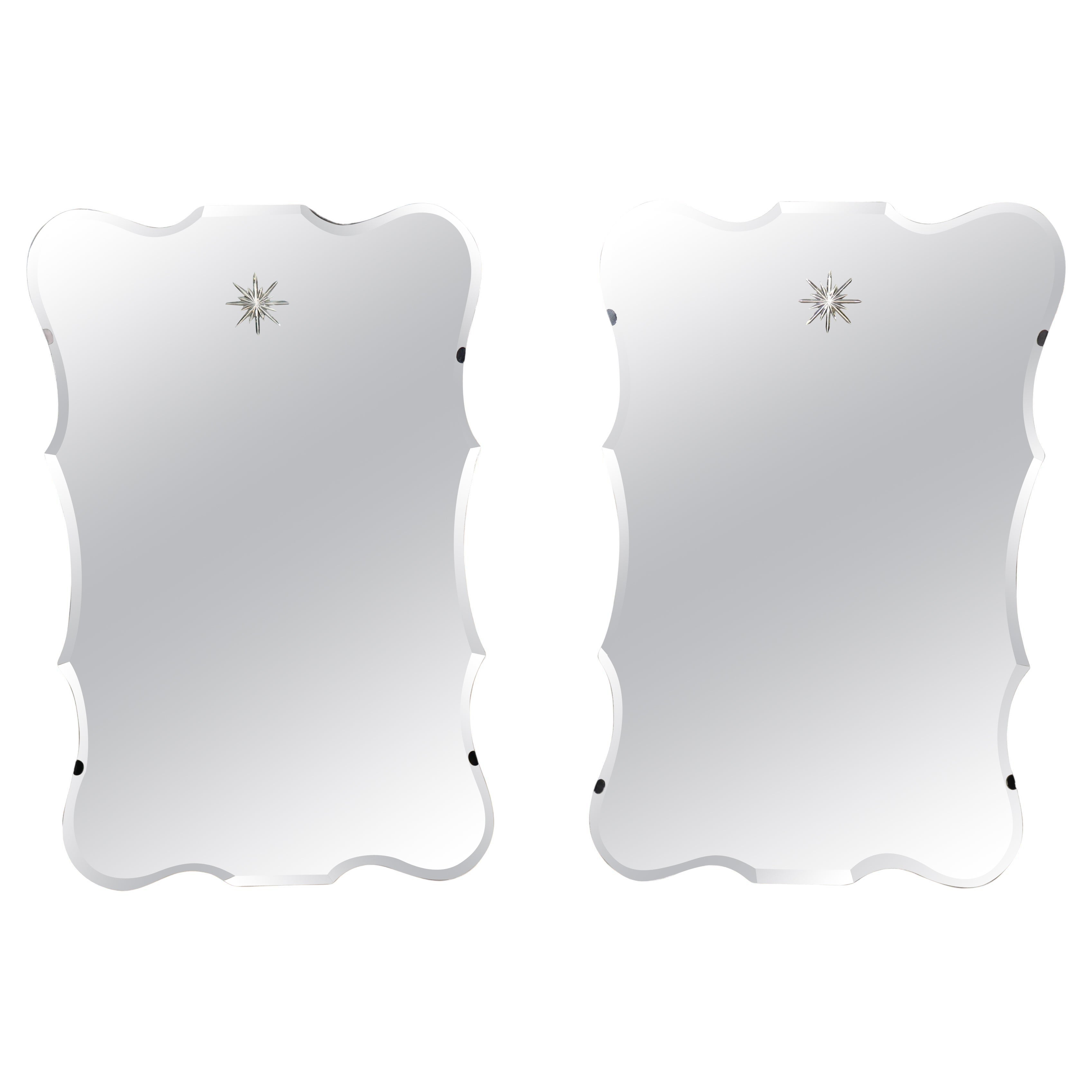 Pair of Maison Jansen Style Aged patina Mirror Etched Star Glass Mirrors For Sale