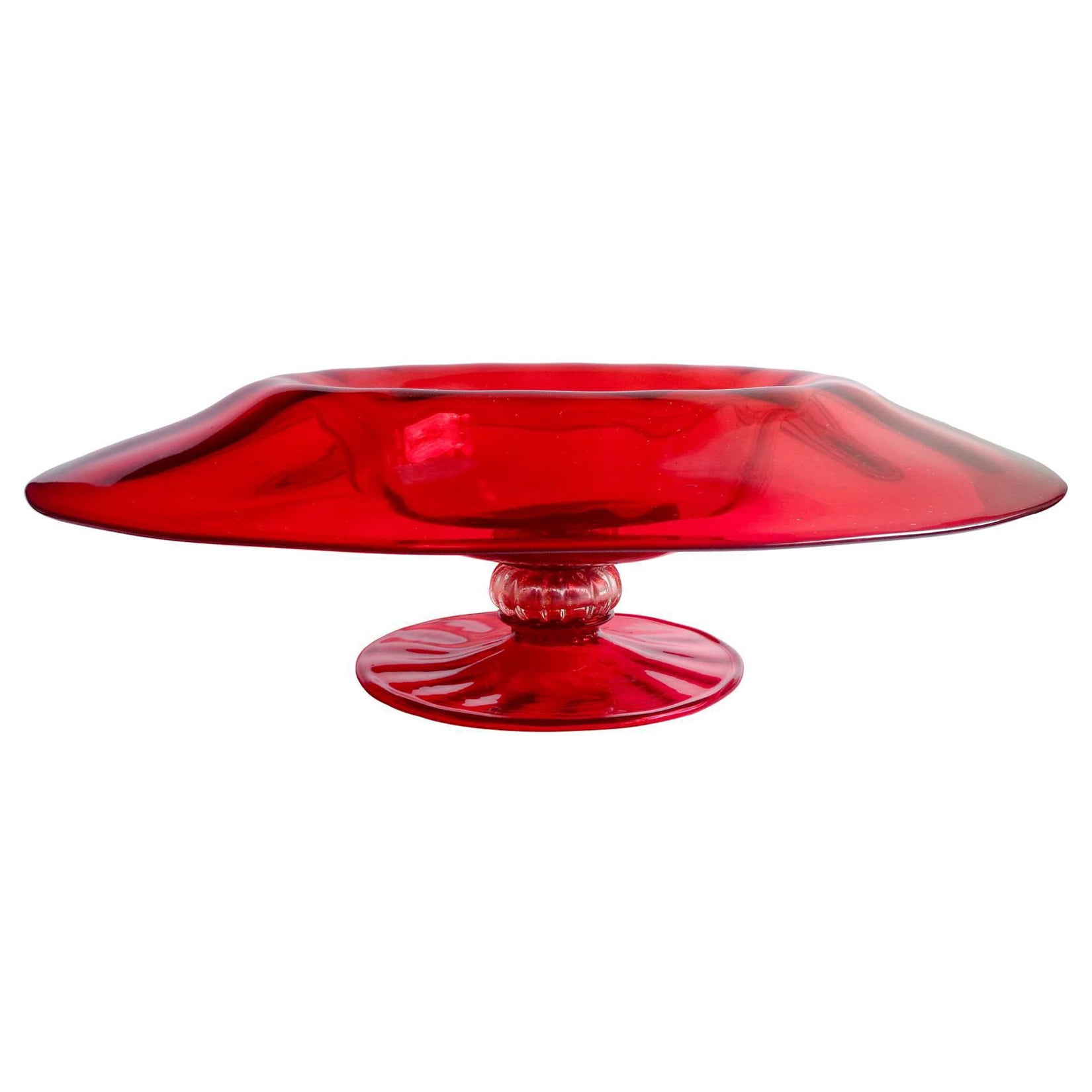 Murano Venetian Antique Ruby Red Gold Leaf Italian Art Glass Footed Center Bowl