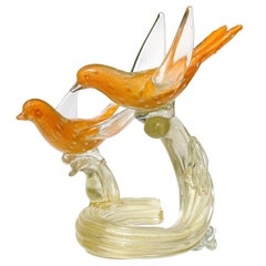 Murano Vintage Orange Gold Flecks Italian Art Glass Birds on Branch Sculpture