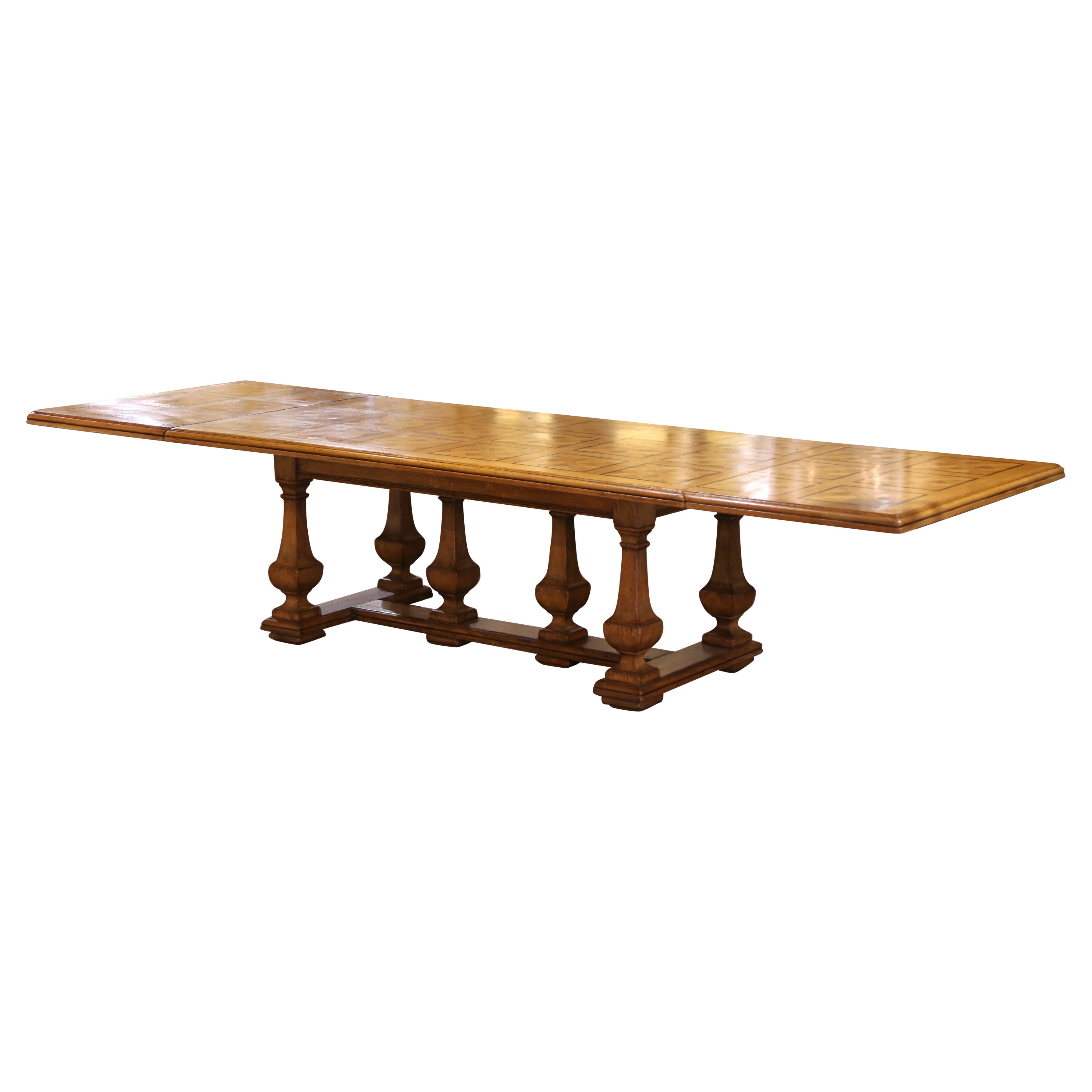 Early 20th Century French Dining Table with Parquetry Top and Two Leaves For Sale