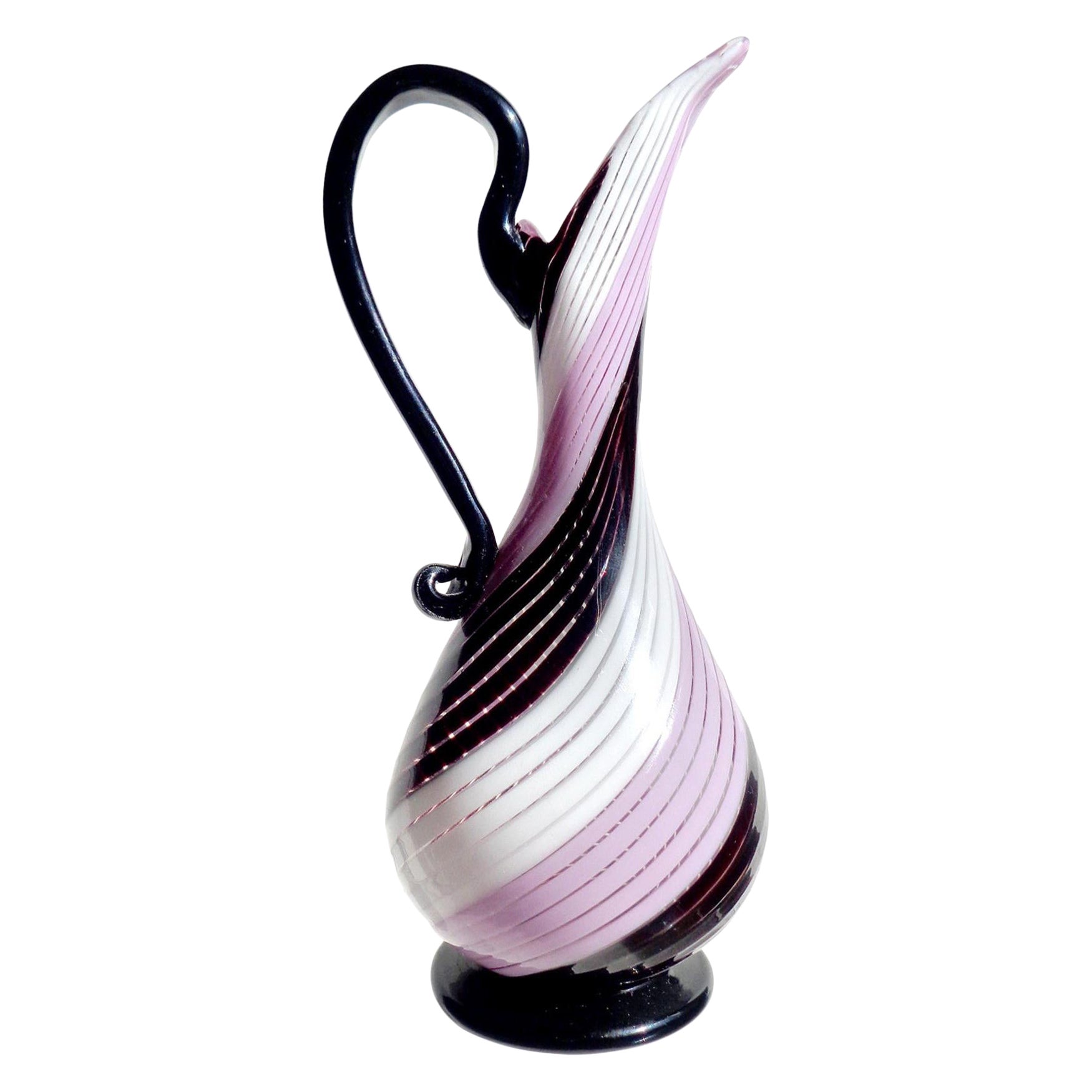 Murano Dino Martens Pink Black White Ribbons Italian Art Glass Pitcher Vase