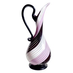 Murano Dino Martens Pink Black White Ribbons Italian Art Glass Pitcher Vase