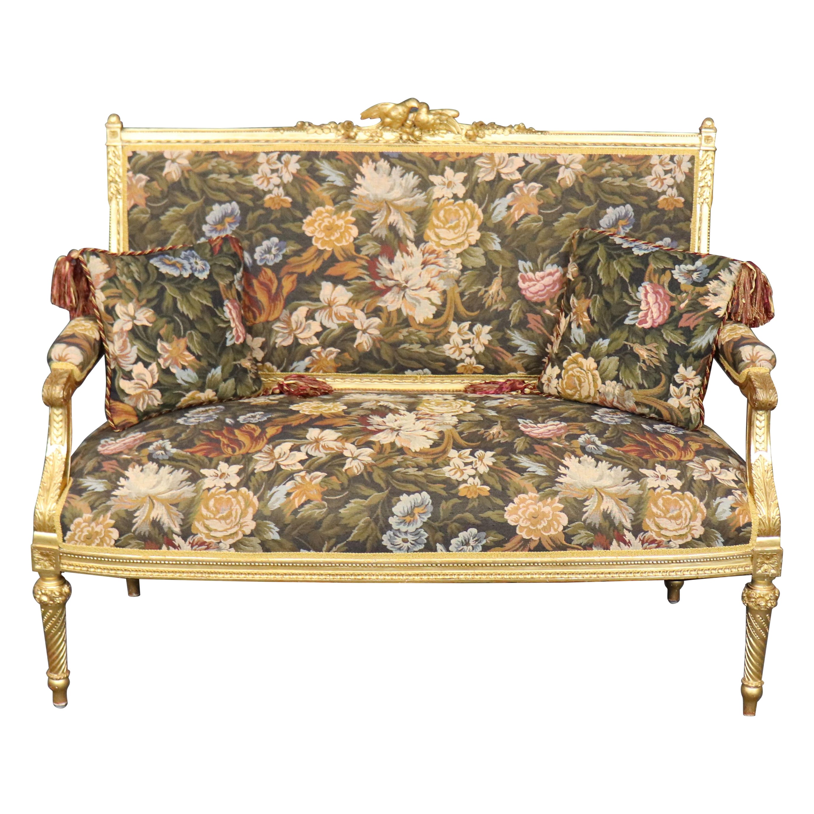 Fantastic Carved Birds Parcel Gilded French Louis XVI Style Settee Canape For Sale