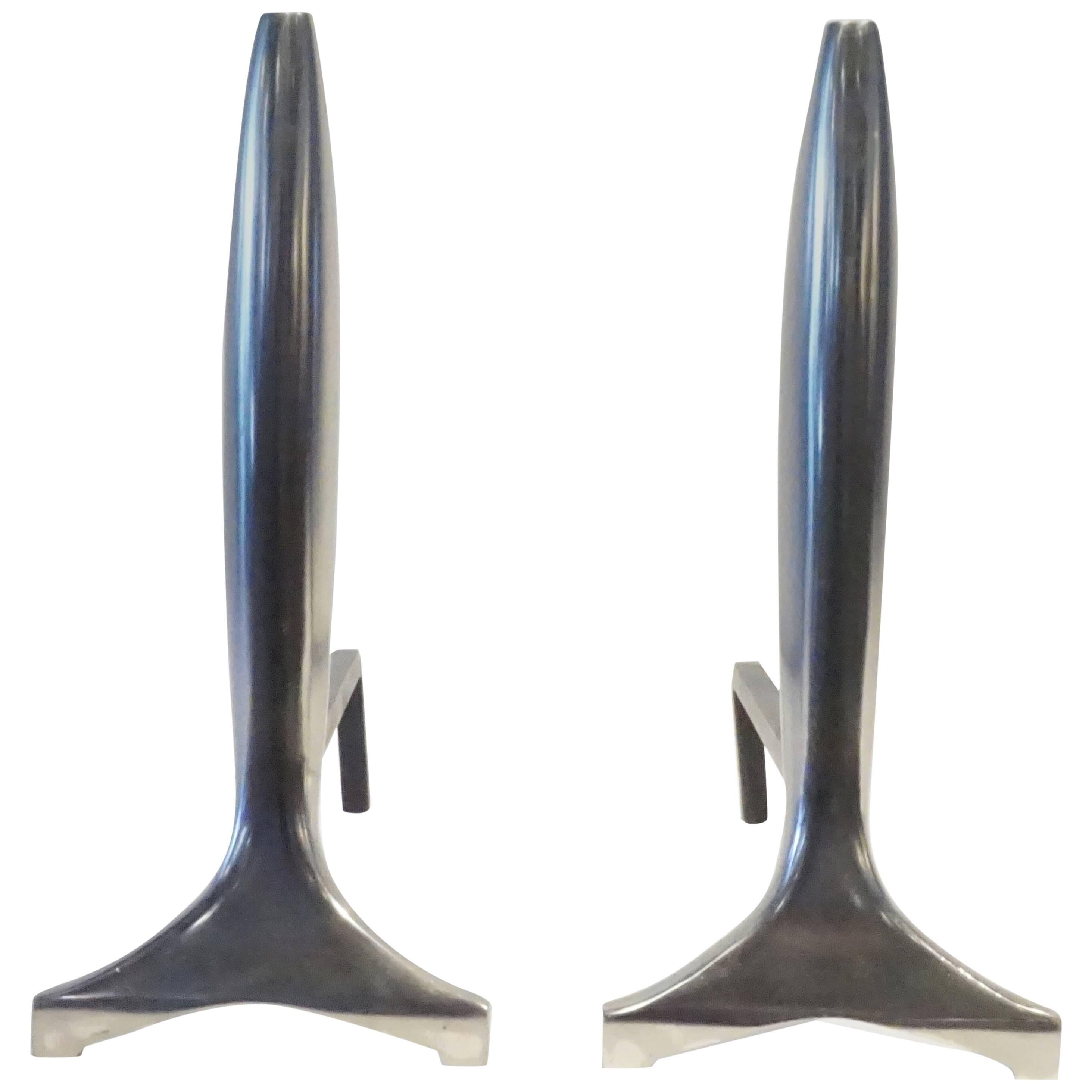 Pair of American Modernist Polished Aluminum Andirons C. 1940s For Sale