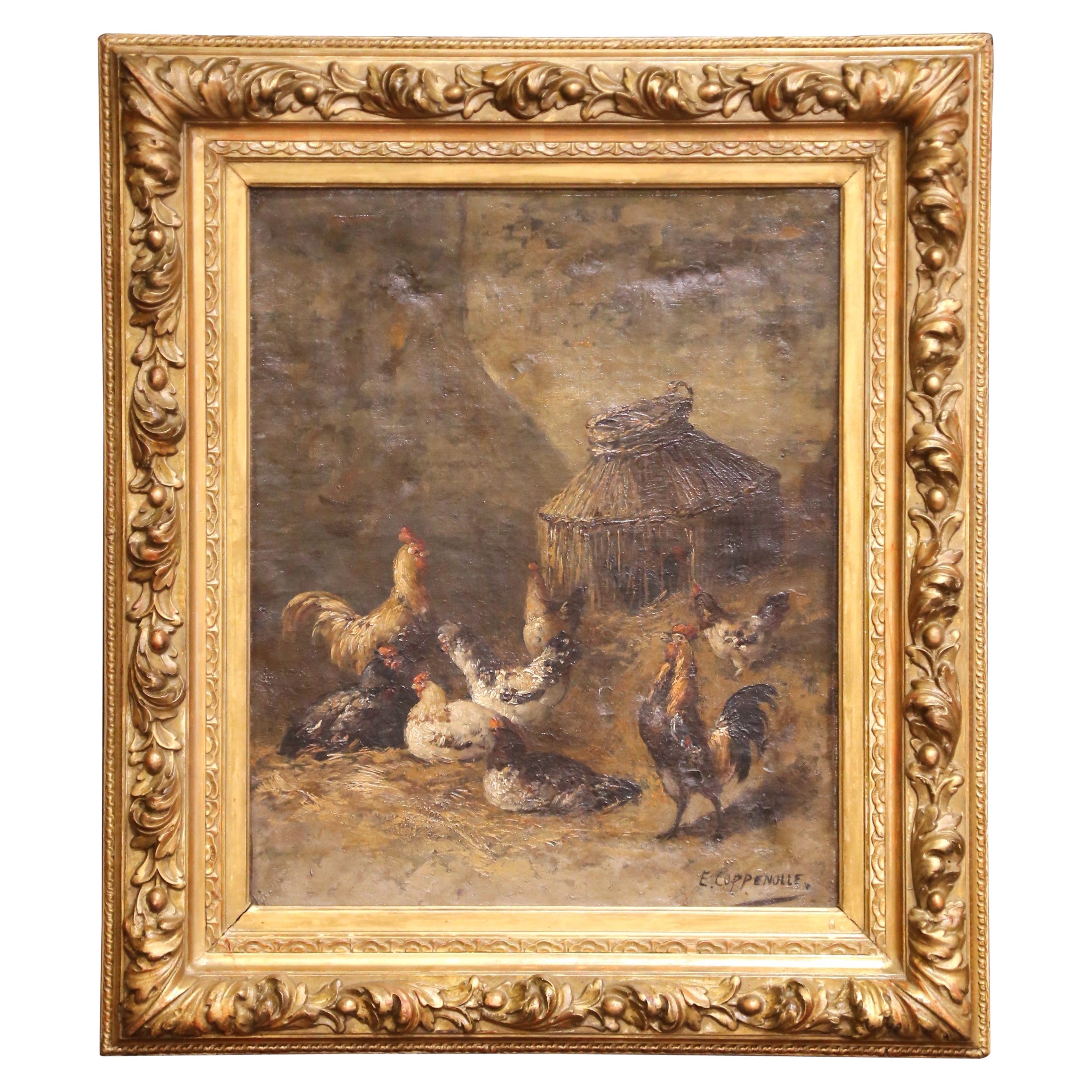 19th Century Oil on Canvas Chicken Painting in Gilt Frame Signed E. Coppenolle