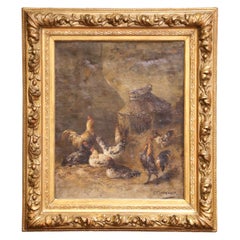 19th Century Oil on Canvas Chicken Painting in Gilt Frame Signed E. Coppenolle