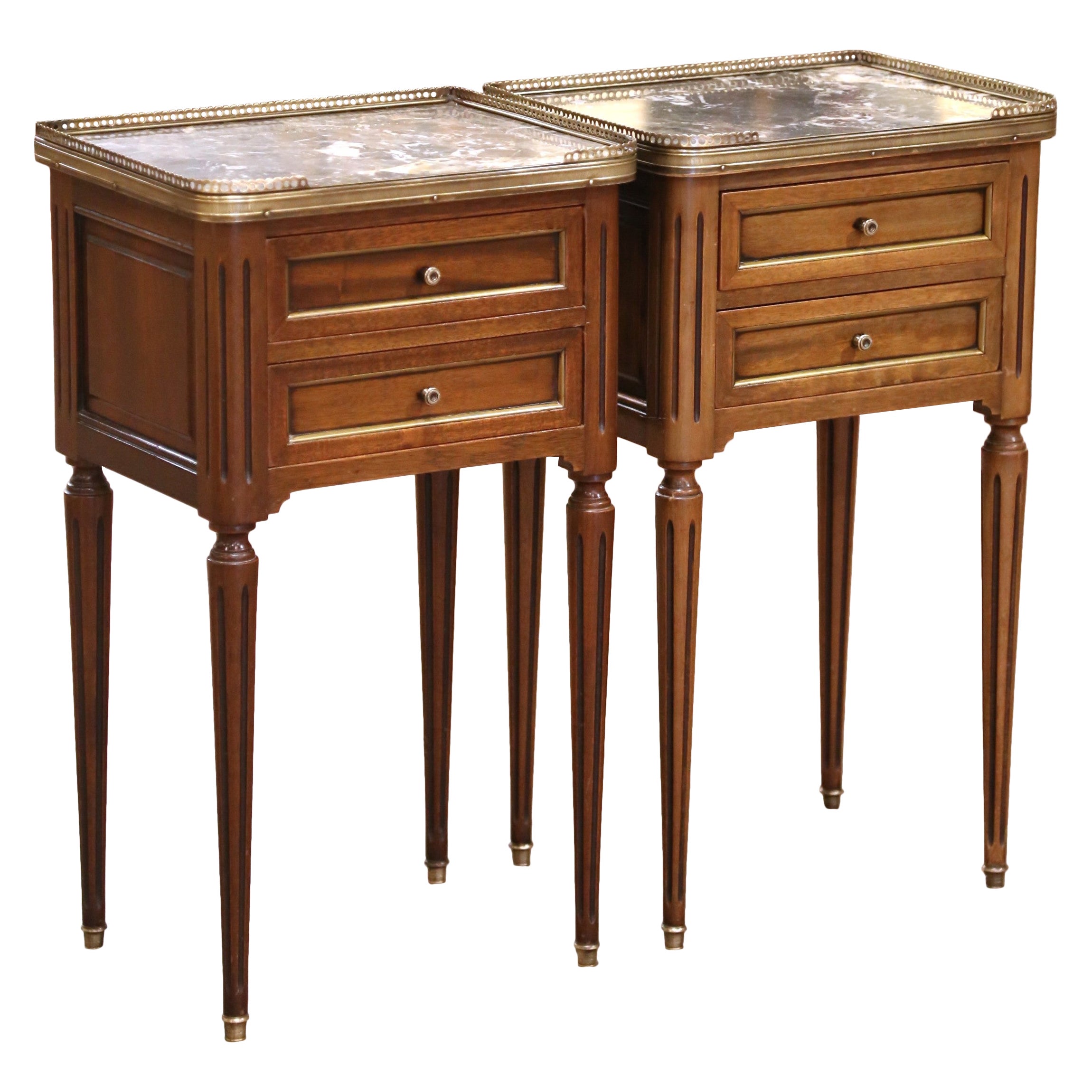 Pair of 19th Century French Louis XVI Walnut Nightstands with Marble Tops