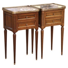 Pair of 19th Century French Louis XVI Walnut Nightstands with Marble Tops