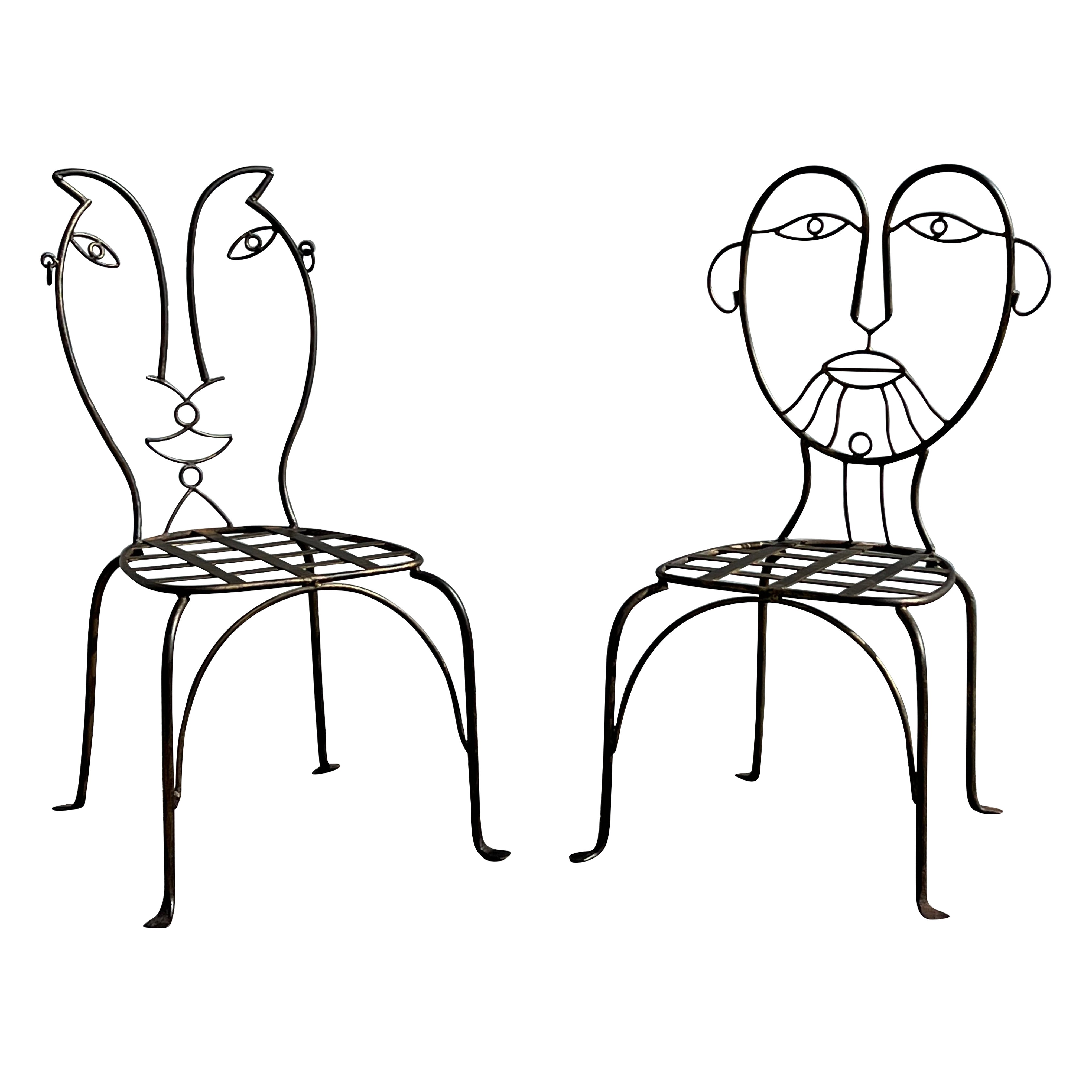 Vintage Man and Woman Pop Art Chairs Heavy Iron Bronze Finish 1980's Whimsical
