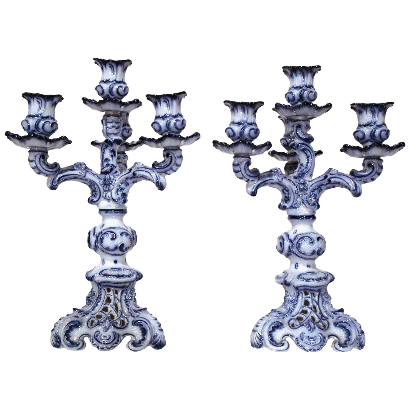 Pair of 19th Century French Blue and White Delft Style Four-Arm Candleholders